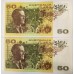 AUSTRALIA 1973 . FIFTY 50 DOLLARS BANKNOTE . PHILLIPS/WHEELER . ERROR . INK TRANSFER . CONSEC PAIR